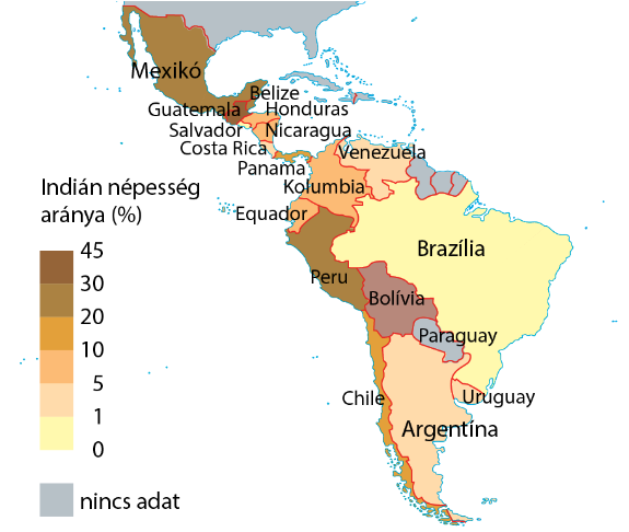 Az indián népesség aránya Latin-Amerika országaiban (2020) - Tankönyv 182. oldal 2. ábra